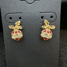 Avon 1992 Earrings-Holly On Top Xmas Rhinestone Ornaments