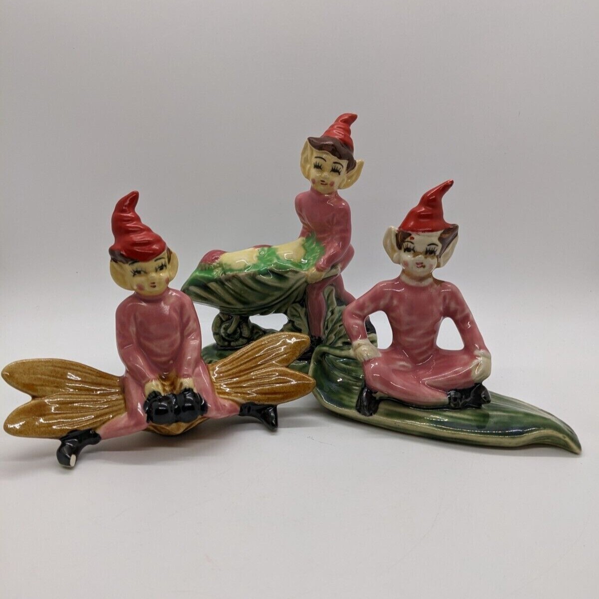 VINTAGE CERAMIC PIXIE ELF Lot of 3 FIGURINES pink with red