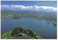 Postcard Hi Pearl Harbor Air View U.S.S. Arizona Memorial WW II Attack Navy Ship