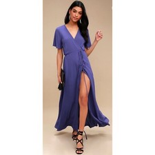 LULUS NWT Maxi Dress Much Obliged Blue Violet Wrap Gauzy Adjustable Waist XS