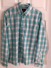 George Men's S 34-36 Long Sleeve Button Shirt Teal Blue Grey Plaid Classic Fit