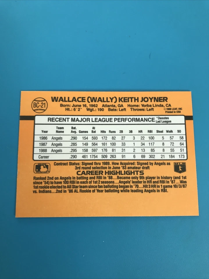 Tarjeta de error Donruss MVP Wally Joyner 1989, sin punto después de inc - casi como nueva Foto 2 de 2