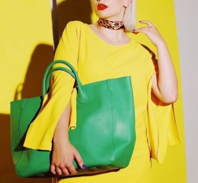 Envy Green Large Leather Tote Bag, Cowhide Leather Bag, Lady