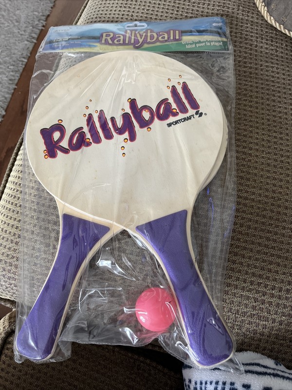 New 2 Rallyball Wooden Paddles by SportCraft Purple Handles Beach Ball & Ball