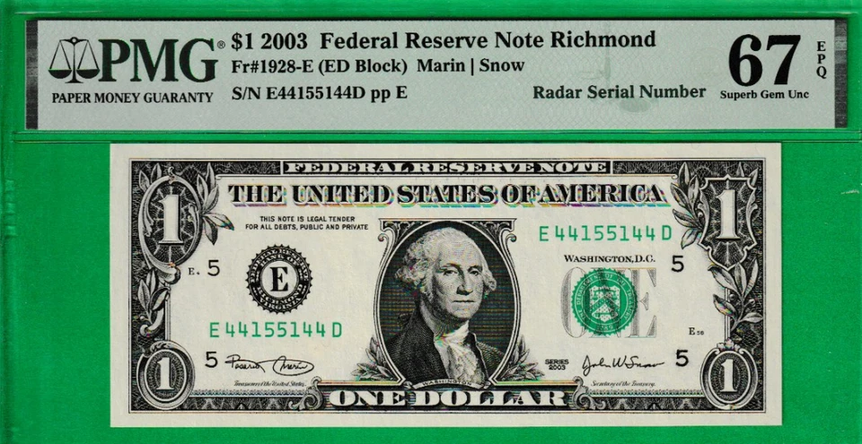 $1  Federal Reserve note RADAR Serial Number  44055044 PMG 67 - Image 2 of 3