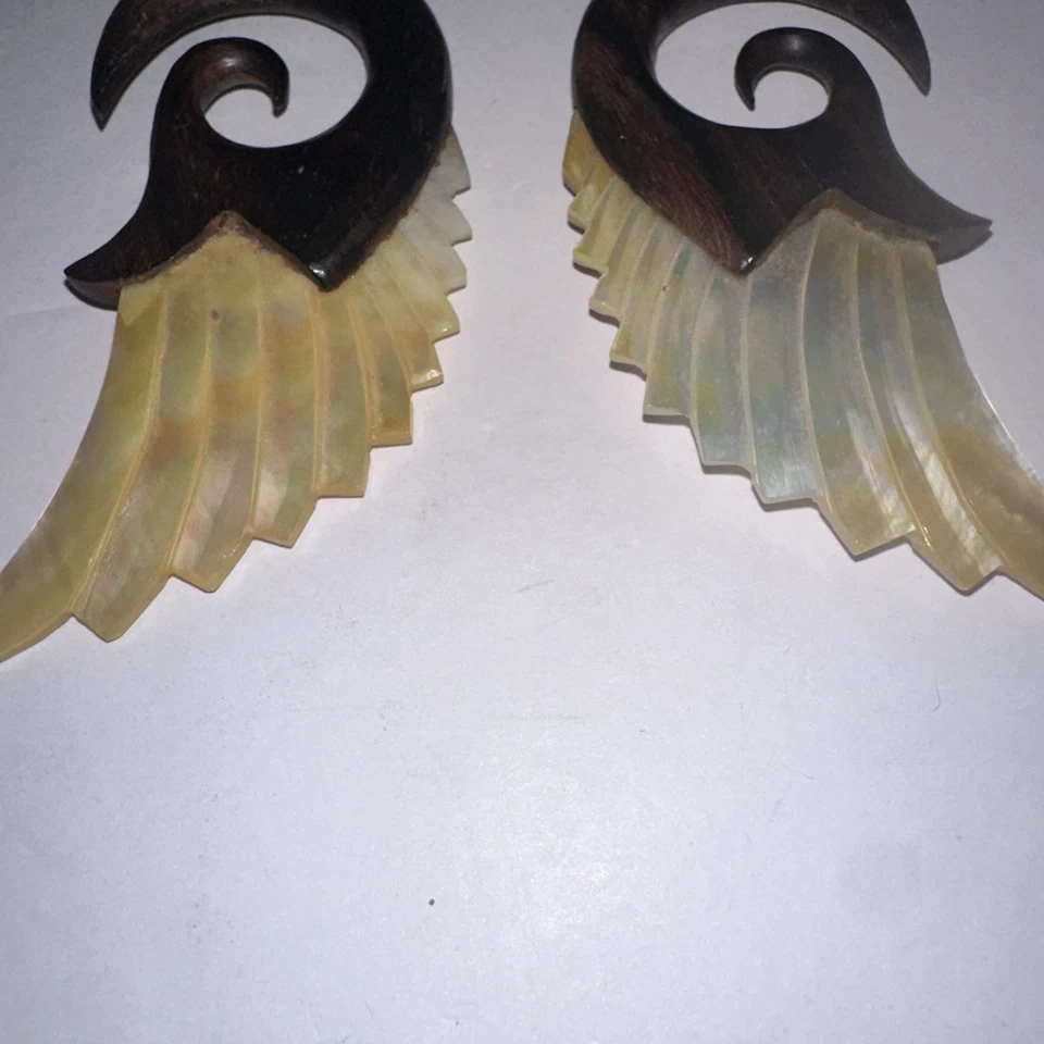 PAIR Wood & Mother of Pearl Angel Wing Tapers Plugs Expanders   Gauges - Image 4 of 4
