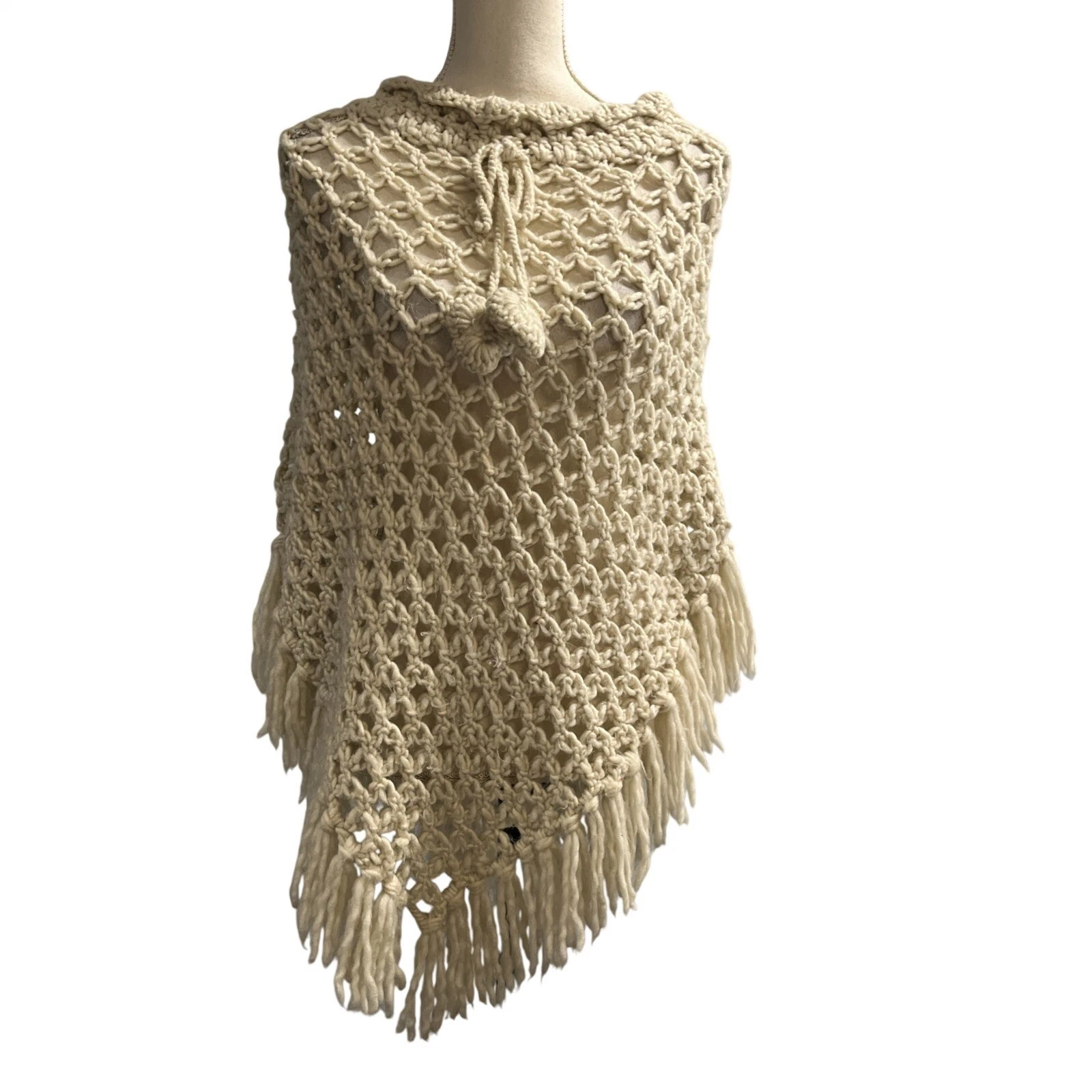 Vintage Crochet Knit Poncho Ivory Pom Pom Fringe Boho Hippie Festival Concert
Opens in a new window