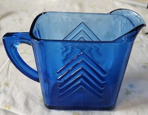 Vintage Hazel Atlas Cobalt Blue Depression Glass Chevron Creamer Pitcher 1940's
