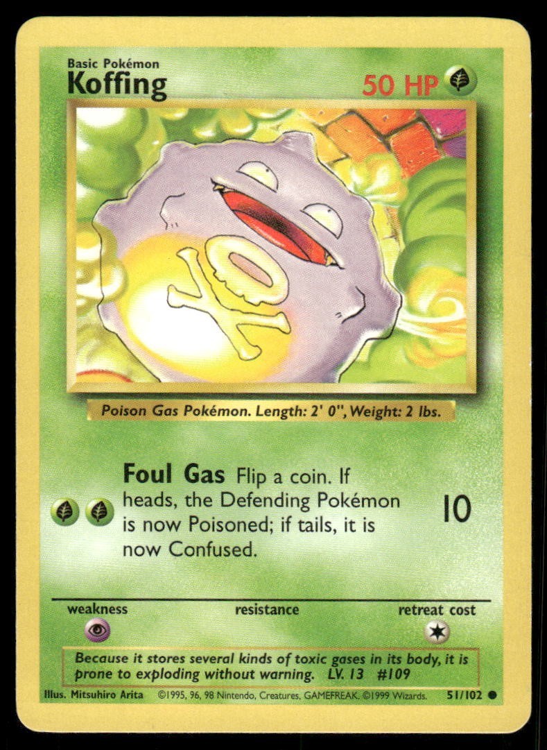 Koffing 1999 Base Set Unlimited WOTC Vintage Pokemon Card 51/102 (LP-NM)