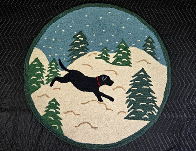36''round Snow Black Dog hooked wool rug Chandler 4 Corners winter