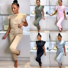 Women’s Frill Top & Trouser Set 2 Piece Lounge Co-ord Casual Tracksuit