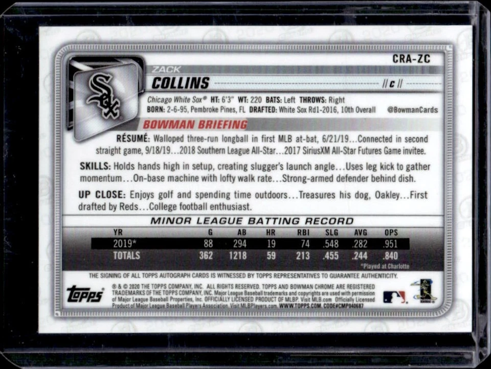 2020 Bowman Chrome Zack Collins Rookie Auto RC Blue Refractor #66/150 White Sox - Image 2 of 2