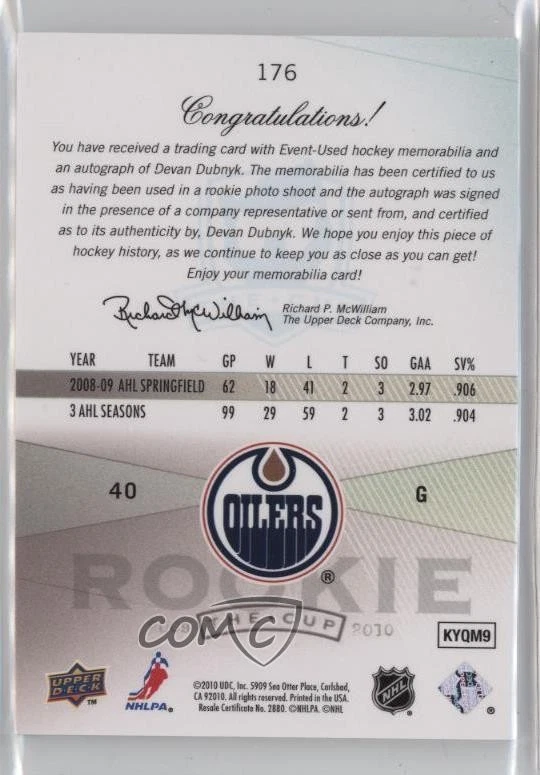 2009-10 Upper Deck The Cup /249 Devan Dubnyk #176 RPA Rookie Patch Auto RC - Image 2 of 2
