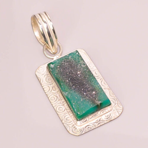 Natural Green Titanium Druzy Handmade Design 925 STERLING SILVER PLATED PENDANT - Picture 1 of 1