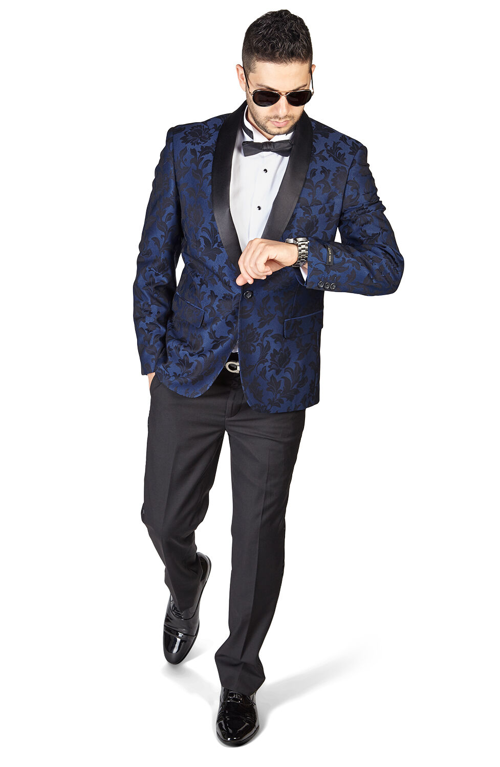 Slim Fit 1 Button Blue Shawl Collar Floral Jacket Tuxedo Black Pants 1714  AZAR