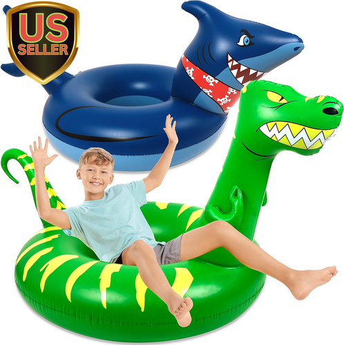 2PCS Pool Floats for Kids Adults Inflatable Dinosaur Shark Swimming Floaties ...