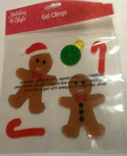 Holiday Style Window Gel Clings ~ Gingerbreadmen with Candy Canes & Ornament 5ct