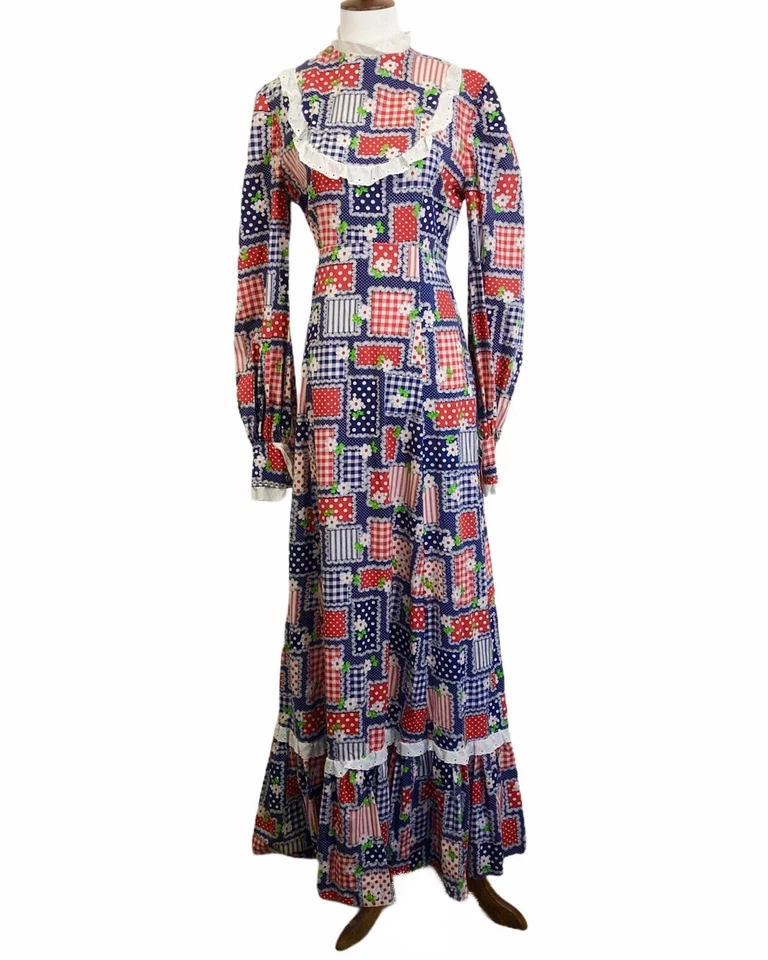 Vtg 70s Patchwork Maxi Dress Size Small Prairie Pioneer Hippie Daisy Lace Yoke - Image 4 of 4