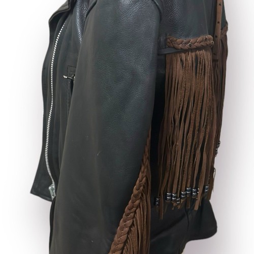 Chaqueta Boho Motociclista de Cuero UNIK Vaquera Marrón Flecos Cottagecore Talla XL - Imagen 4 de 9