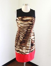 Calvin Klein Tiger Animal Print Sheath Dress Color Block Size 4 Red Black