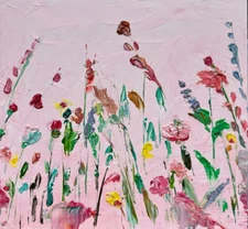 Flowers Blooming Field Impasto Oil Painting On Fiberboart Original Signed Floral