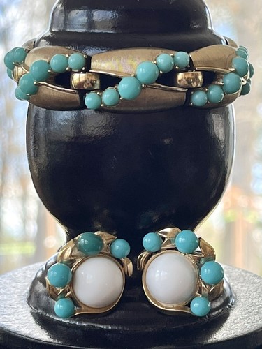 Set Bracciale e Orecchini Vintage Corona Trifari Turchese Cabochon - Tono Oro - Foto 4 di 13