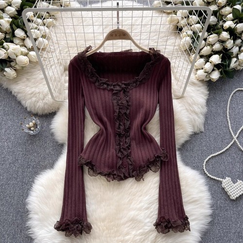 Women Knitted Top Ruffle Lace Casual Button Stretch Striped Slim Fit Soft - Picture 21 of 24