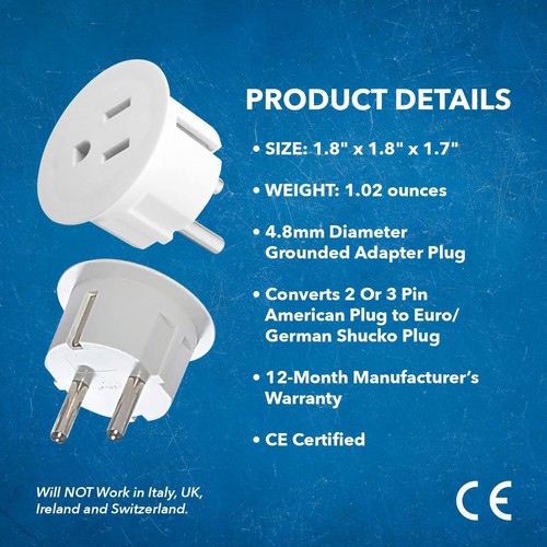 Orei American USA to European Schuko Germany Plug Adapters CE Certified Heavy - Picture 7 of 8