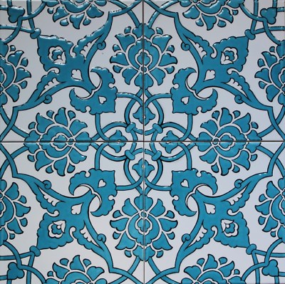 Set of 12 Blue 8''x8'' Turkish Raised Iznik Carnation Floral Pattern Ceramic Tile