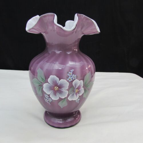 Fenton Plum Overlay Sweetbriar Hand Painted Vase 1997 W64 - Picture 1 of 6