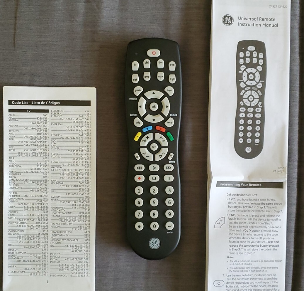GE Universal Remote Control 24927,34929,7252 Black eBay