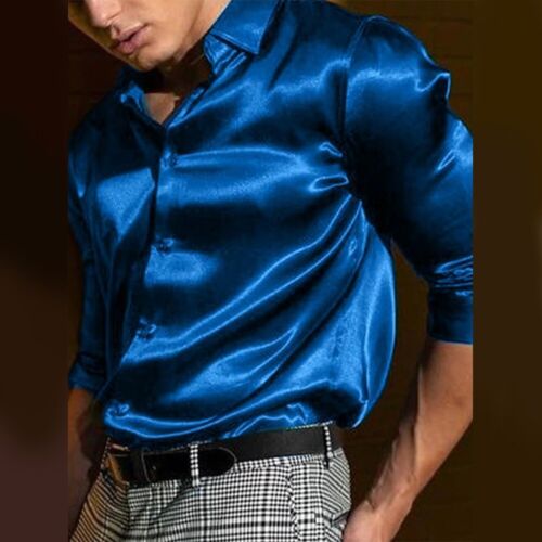 Fashion Men's Long Sleeve Satin Faux Silk Shirt Dress Casual Outfit Party Blouse - Zdjęcie 1 z 18