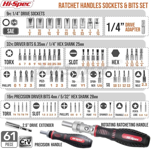 1/4” Hex Multi Bit Precision Screwdriver & Ratchet Handle Set 61pc Hi-Spec - Picture 7 of 7