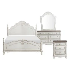 4 PC DREAMY ANTIQUE WHITE 4 PC. FULL BED NS DRESSER MIRROR BEDROOM FURNITURE SET