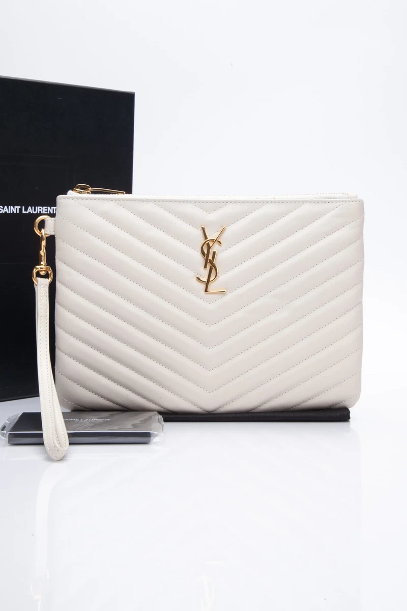SAINT LAURENT Cream Calfskin Leather Matelasse Chevron Wristlet Pouch