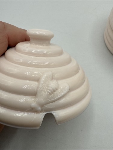 Shell Pink Milk Glass Jeannette Beehive Honey Jar 2 Bees W Lid Slot For Spoon - Picture 12 of 12
