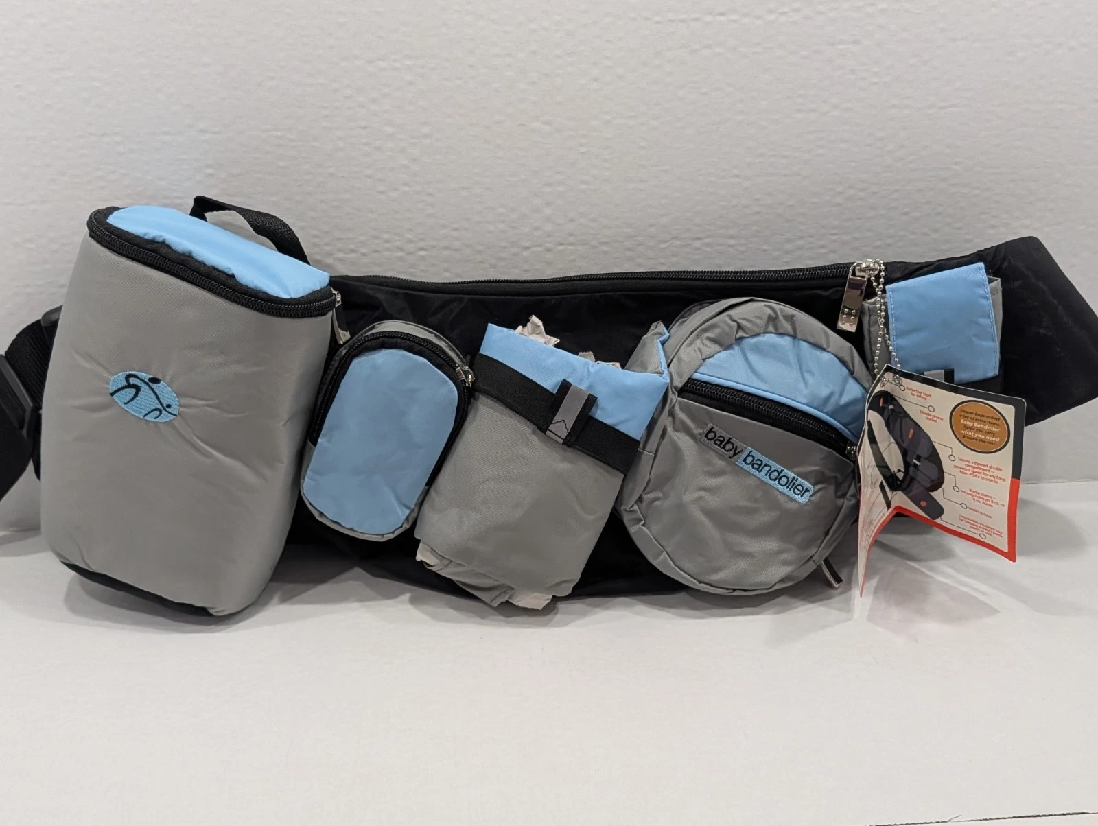 Baby Bandolier Wearable Diaper Bag Organizer Gray Blue Hands-Free NWT