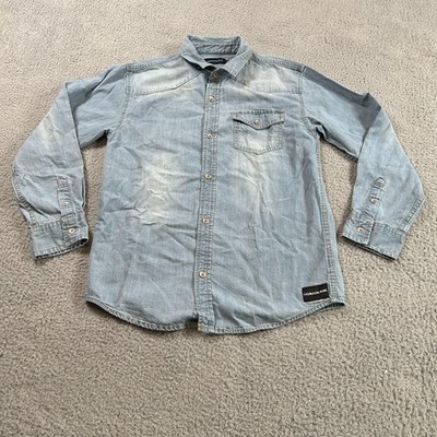 Calvin Klein Jeans Shirt Boys Large 14/16 Light Blue Denim Western Long Sleeve