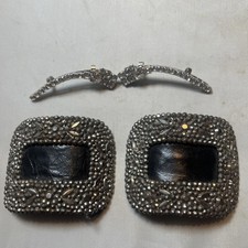 CUT STEEL SHOE CLIPS buckles oval riveted Victorian vintage  Rhinestone Pair
