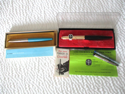 VINTAGE PARKER 45 FOUNTAIN PENS SET(2) w/BOX 12KTGF BLACK/GOLD-NOS + BRIGHT BLUE