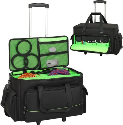 Large Rolling DJ Cable Bag, Green Padded Gig Bag with Detachable Trolley & Divid