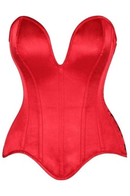 Red Satin Plunge Overbust Corset Steel Boned Goth Burlesque Pinup Vampire Club