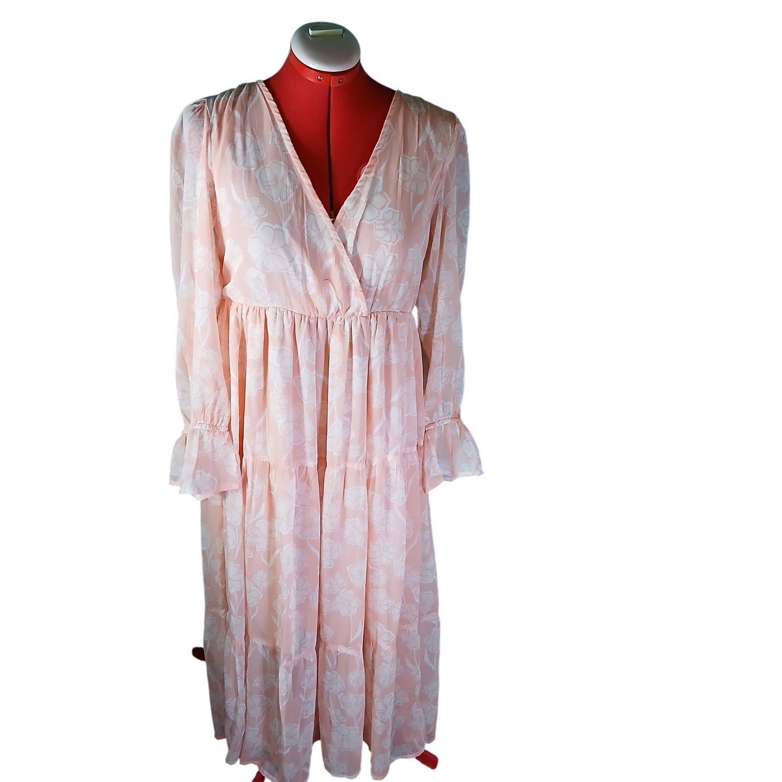 Luna Skies Peach Floral Print Long Sleeve Tiered Maxi Dress Size L