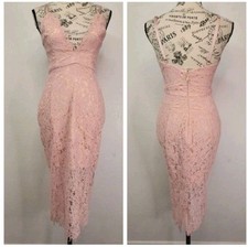 House Of CB Dress Sz S Edeta Pink Lace Plunge Sheer Hem Lace Coquette Milkwife
