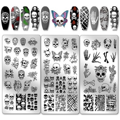 3pcs Gothic Skull Nail Stamper, 58 Muster Horror Skelett Blume Nagel Stamping...