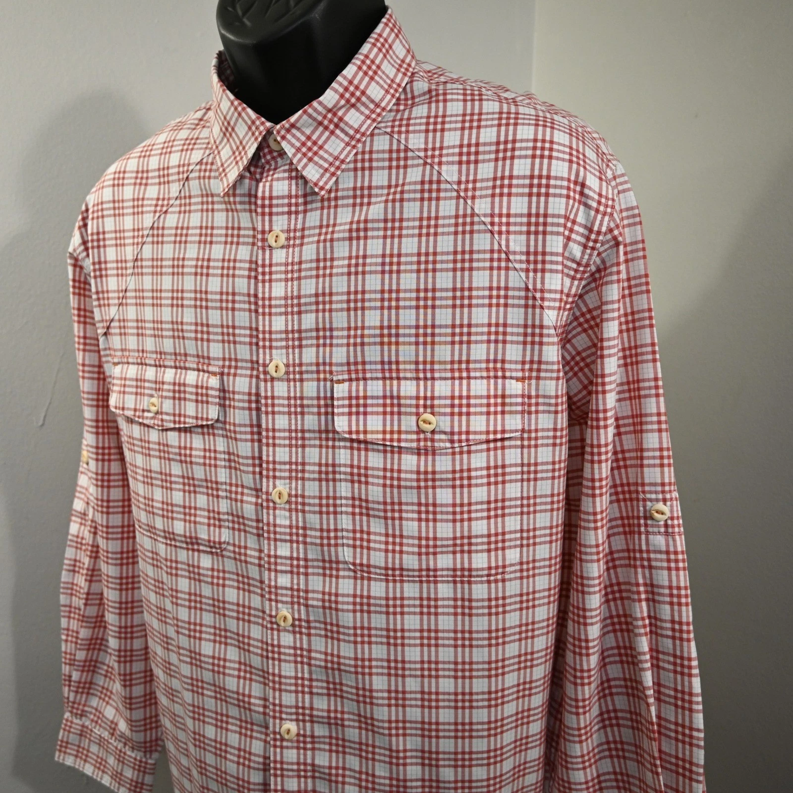 Orvis Button Down Shirt Mens Size Large Red Plaid Fishing Long Sleeve Hiking
