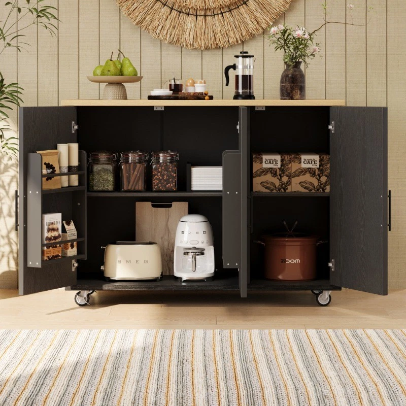 51.2"W Geometric Twill Stripe Design Kitchen Island with Internal Storage Rack - Image 2 of 4