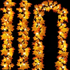 3PCS  Total 30FT Fall Garland with 60 LED Leaf Lights Autumn Thanksgiving Decor