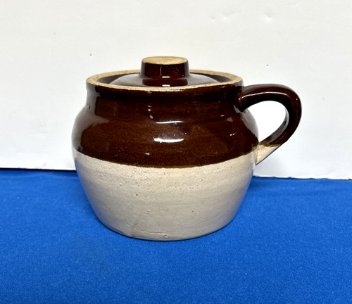 Vintage Antique Stoneware 1 Quart 2 Tone Brown One Handle Crock, Bean Pot