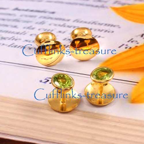 Natural Peridot Gemstone Gold Plated 925 Sterling Silver Tuxedo Buttons  Set #51 - Picture 4 of 7